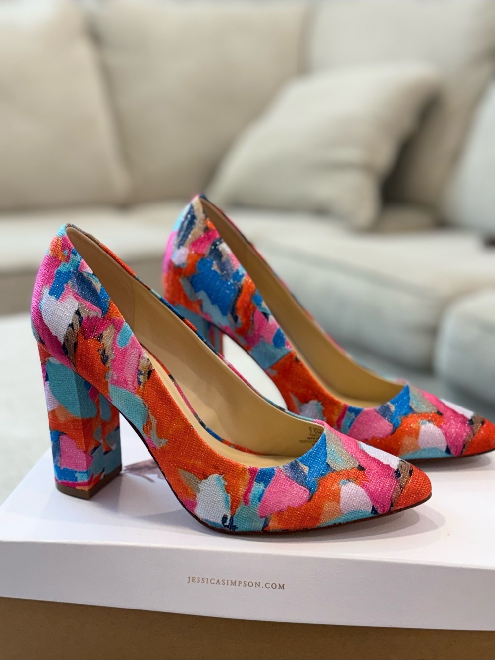Jessica Simpson Ophilia3 Water Camo Jacquard Pumps Multicolor Block Heel 7.5